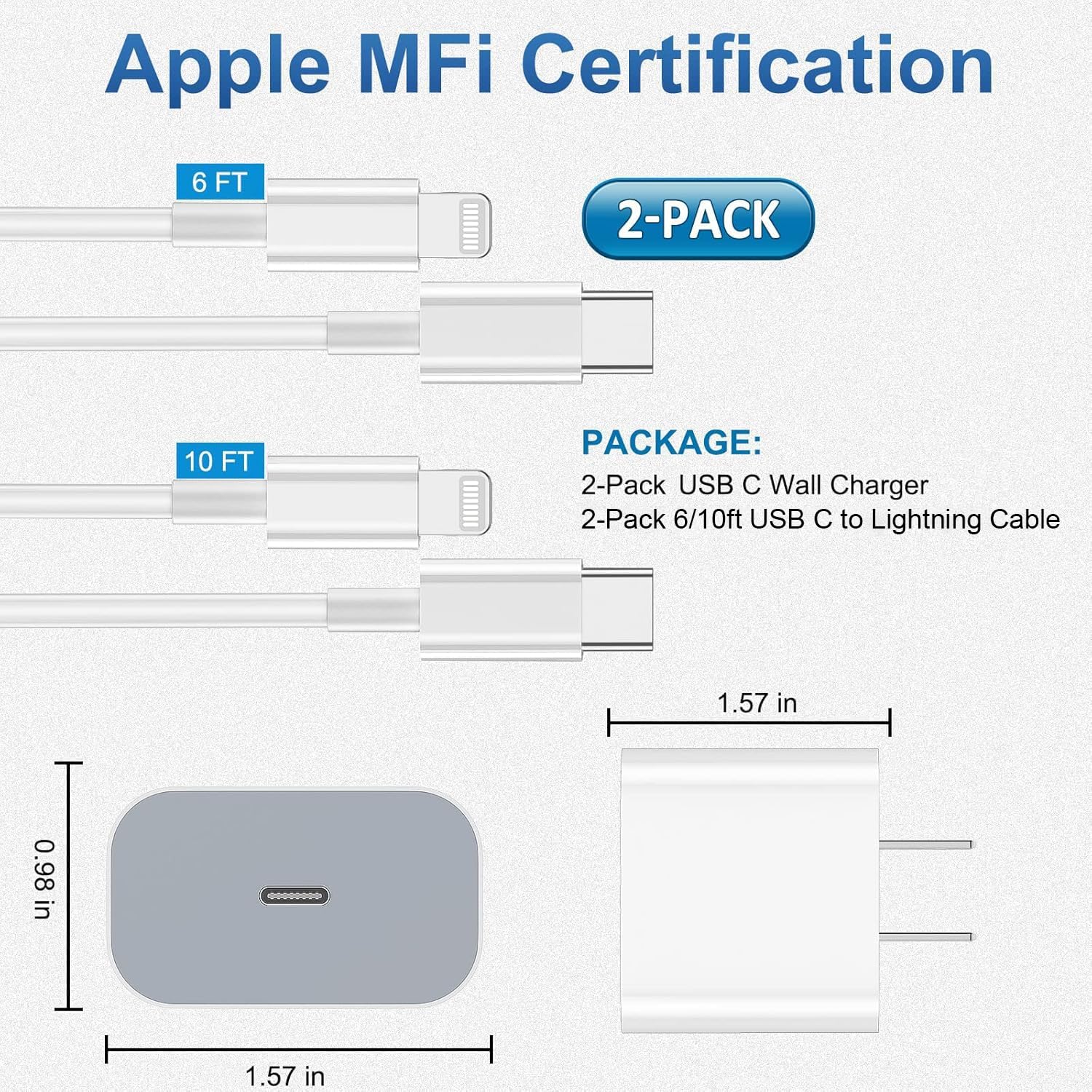 iPhone Charger Fast Charging 2 Pack Type C Wall Charger Block with 2 Pack [6FT&10FT] Long USB C to Lightning Cable for iPhone 14/13/12/12 Pro Max/11/Xs Max/XR/X, AirPods Pro - Image 5