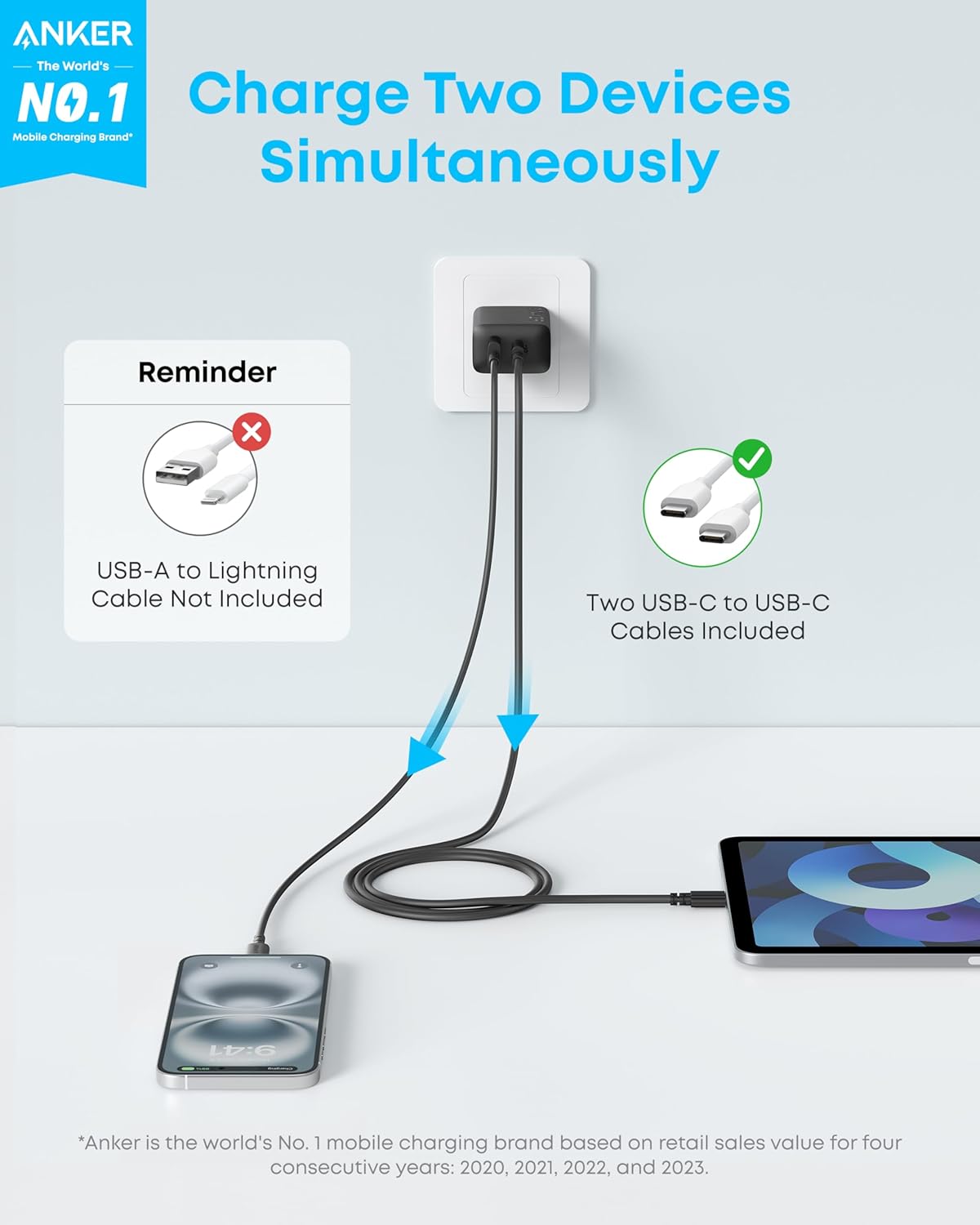 iPhone Charger, 2-Pack 20W Fast USB C Charger Block, Type C Charger Fast Charging for iPhone 17/17 Pro Max/16 Series/iPad Pro and More (Black, 2 Pack & 2 Cable) - Image 2