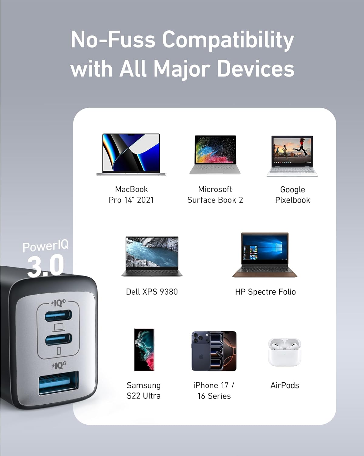 65W 3-Port Fast Compact Foldable USB C Charger Block, GaN Type C Charger Fast Charging for MacBook Pro/Air, iPad Pro, Galaxy S25/S26, Dell XPS 13, iPhone 17/16/15 Series, and More - Black - Image 6