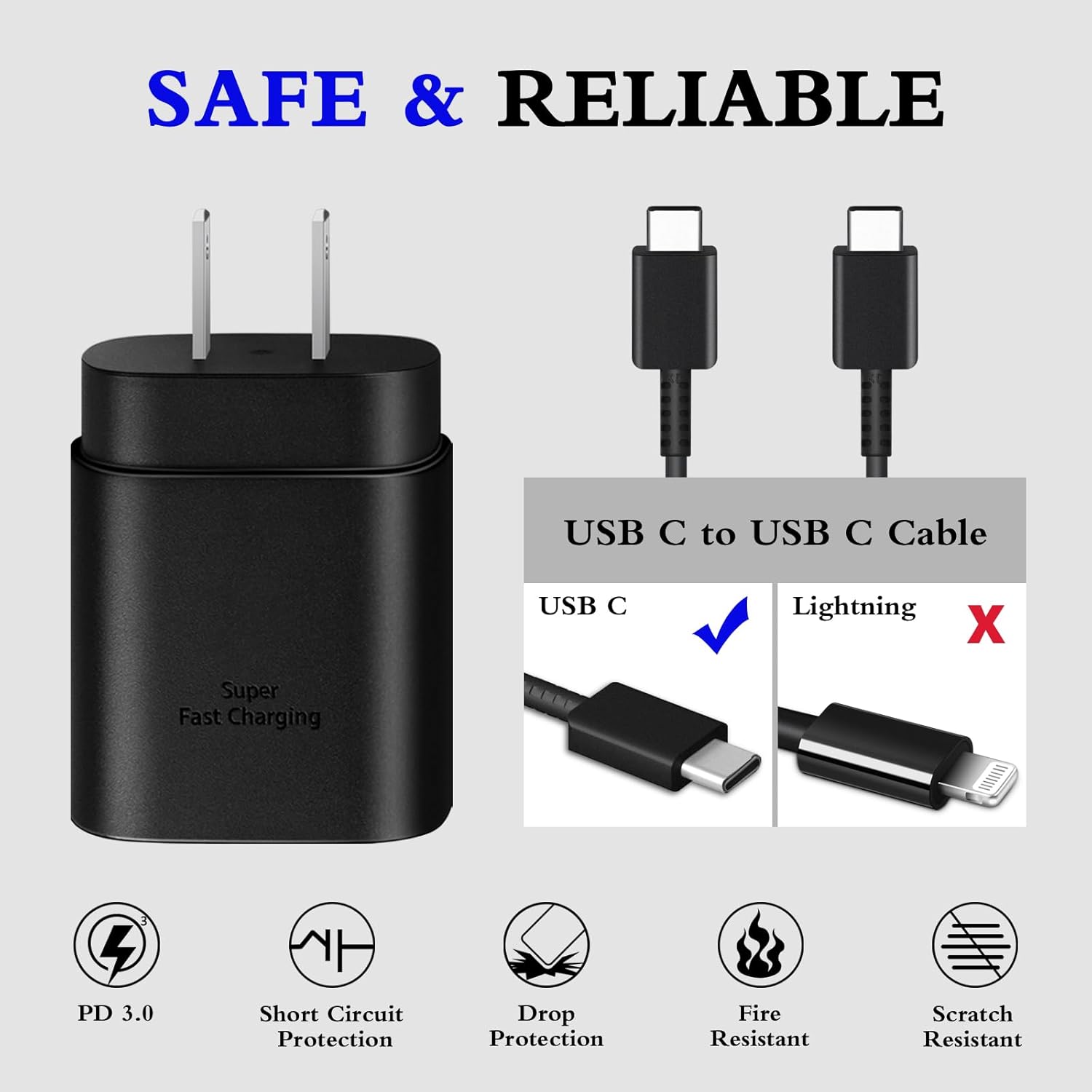 Type C Charger 2-Pack 25W Fast Charging Block with 6ft USB C Cable Compatible with Galaxy S26 S25 S24 S23 S22 S21/iPhone 17/16/16 Pro Max/15/15 Pro Max/15 Plus - Black - Image 3