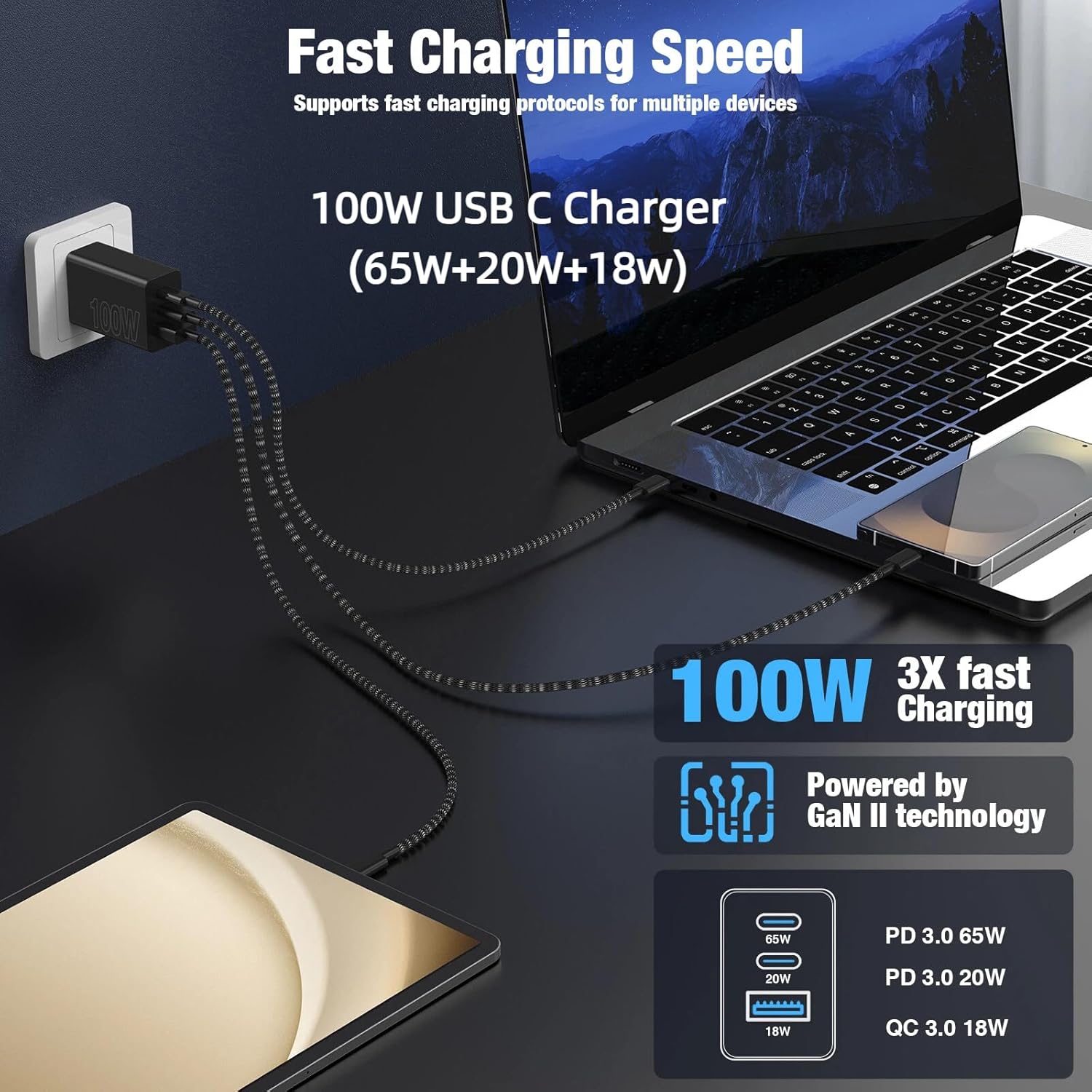 65W Super Fast Charger Type C for Samsung, 3 Port 100W PD Quick Charging 3.0 USB C Block & 3/6/10/10FT Braided Type C Cord for Samsung Galaxy S26 Ultra/S26/S25 Ultra/iPhone 17 Pro/MacBook Pro/Air - Image 3
