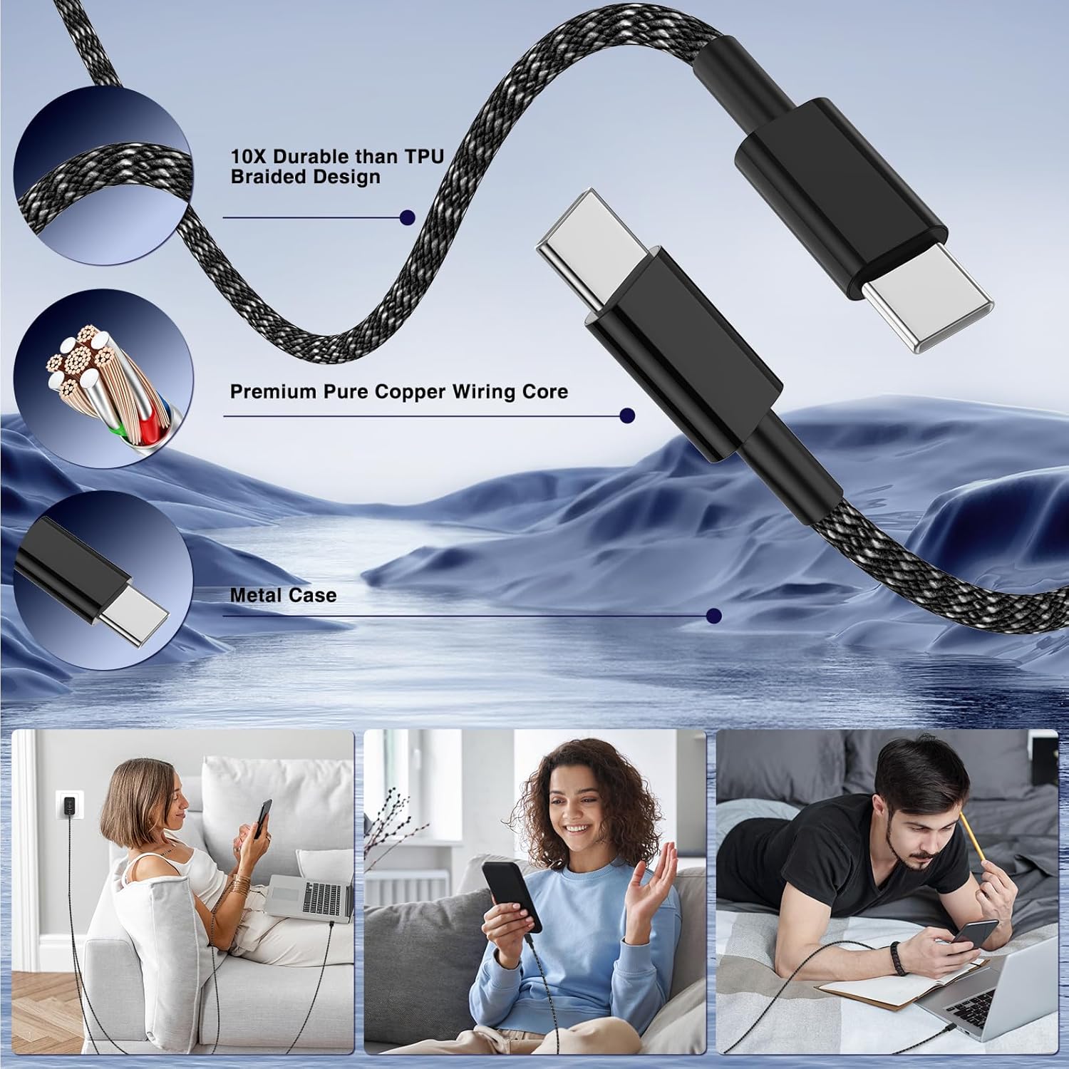 65W Super Fast Charger Type C for Samsung, 3 Port 100W PD Quick Charging 3.0 USB C Block & 3/6/10/10FT Braided Type C Cord for Samsung Galaxy S26 Ultra/S26/S25 Ultra/iPhone 17 Pro/MacBook Pro/Air - Image 4