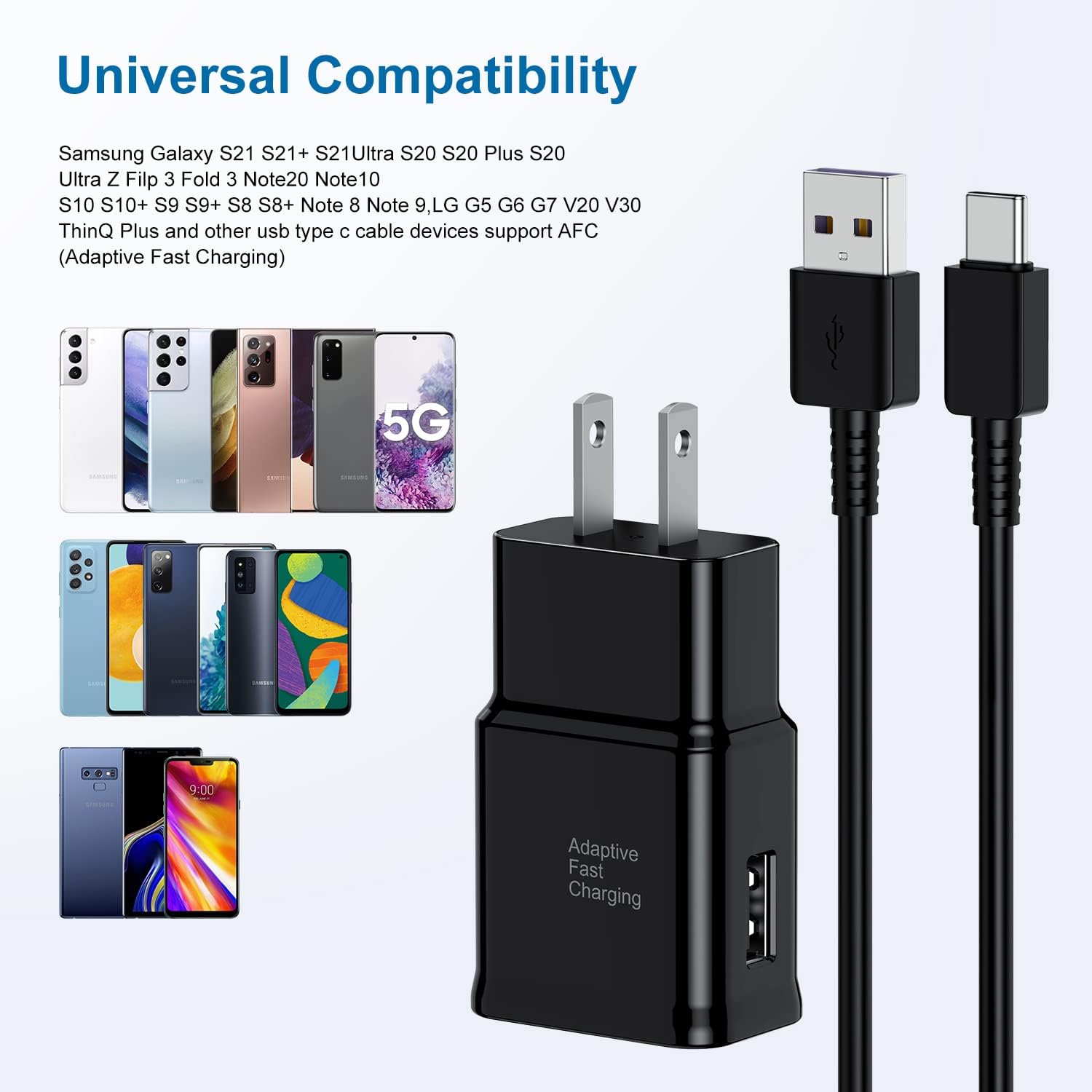 Type C Charger Fast Charging, 2 Pack USB C Android Phone Wall Charger Block & 6ft Charge Cable Cord, for Samsung Galaxy S8/S9/S10 Plus Active S10e/S20/S21 Ultra Plus/Note 8 9 10/Pixel 3 etc - Image 4