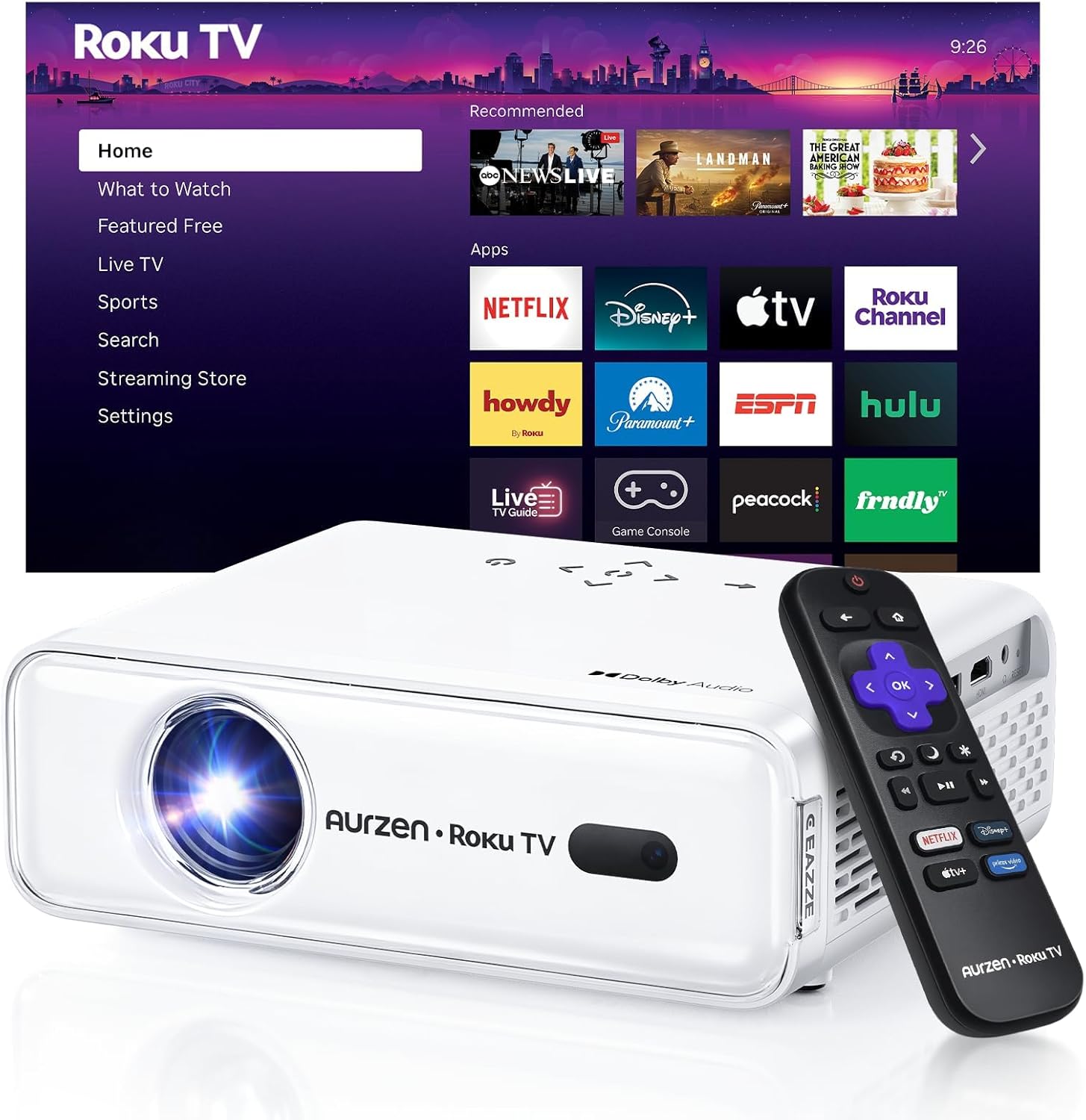 Aurzen Roku TV Smart Projector with WiFi and Bluetooth, Roku Streaming Experience Built-in, 1080P FHD, Dolby Audio, Auto Focus & Keystone, Zoom, Movie Portable Outdoor Mini Projector, White - Buy Online at SimraCart