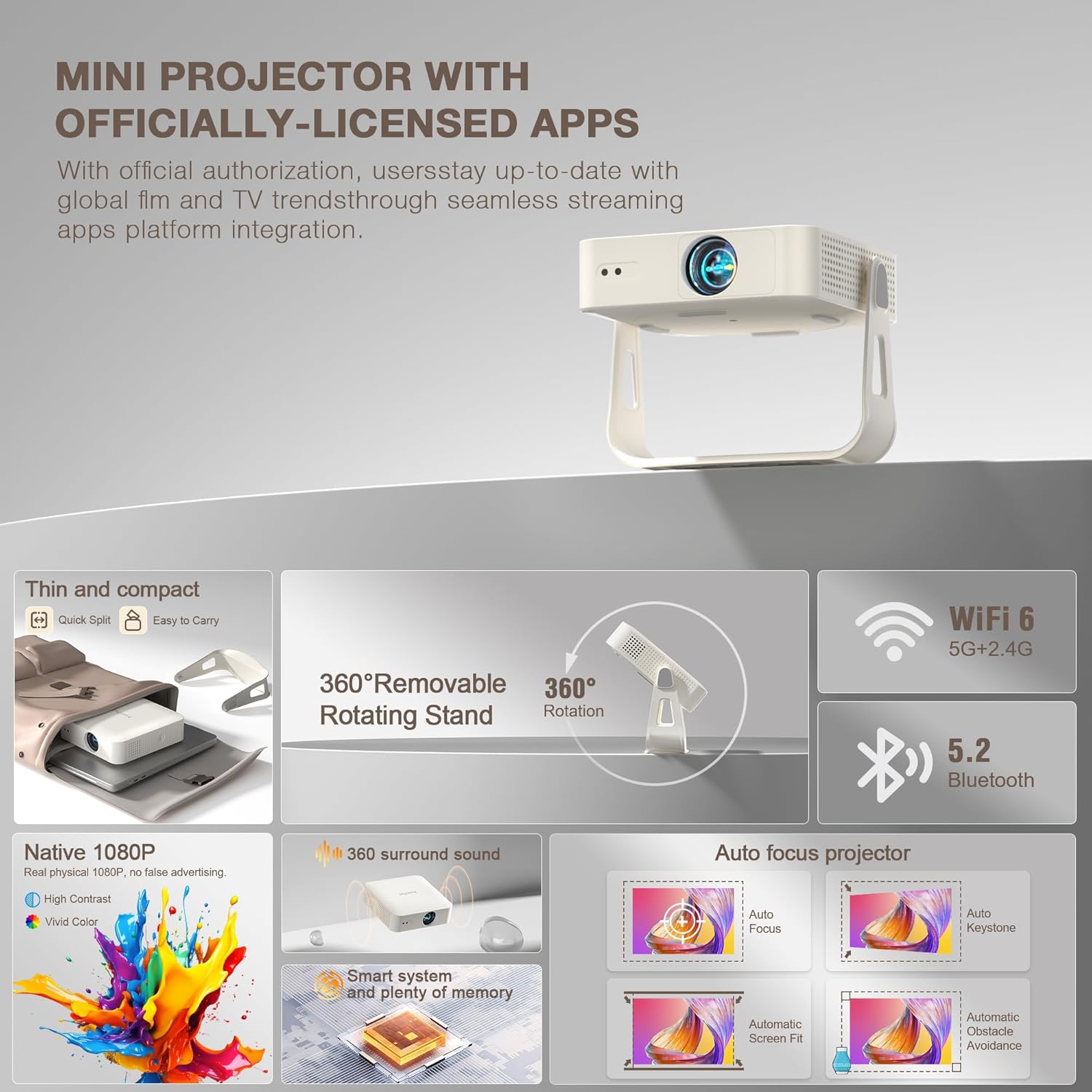 XuanPad Smart Mini Projector with WiFi and Bluetooth, 4K Support Movie Projector, Portable Native 1080P Outdoor Projector with 360° Stand, Auto Focus, Auto Keystone, Built-in Android System - Image 6