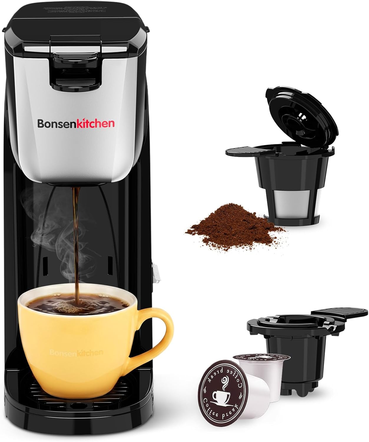 2-in-1 Single Serve Coffee Maker For K Cup & Ground Coffee, Fast Brewing (6-14 Oz), One Cup Coffee Machine With Travel Mug, Space-saving For Home, Office, Dorm - Black - Best Deals USA | SimraCart