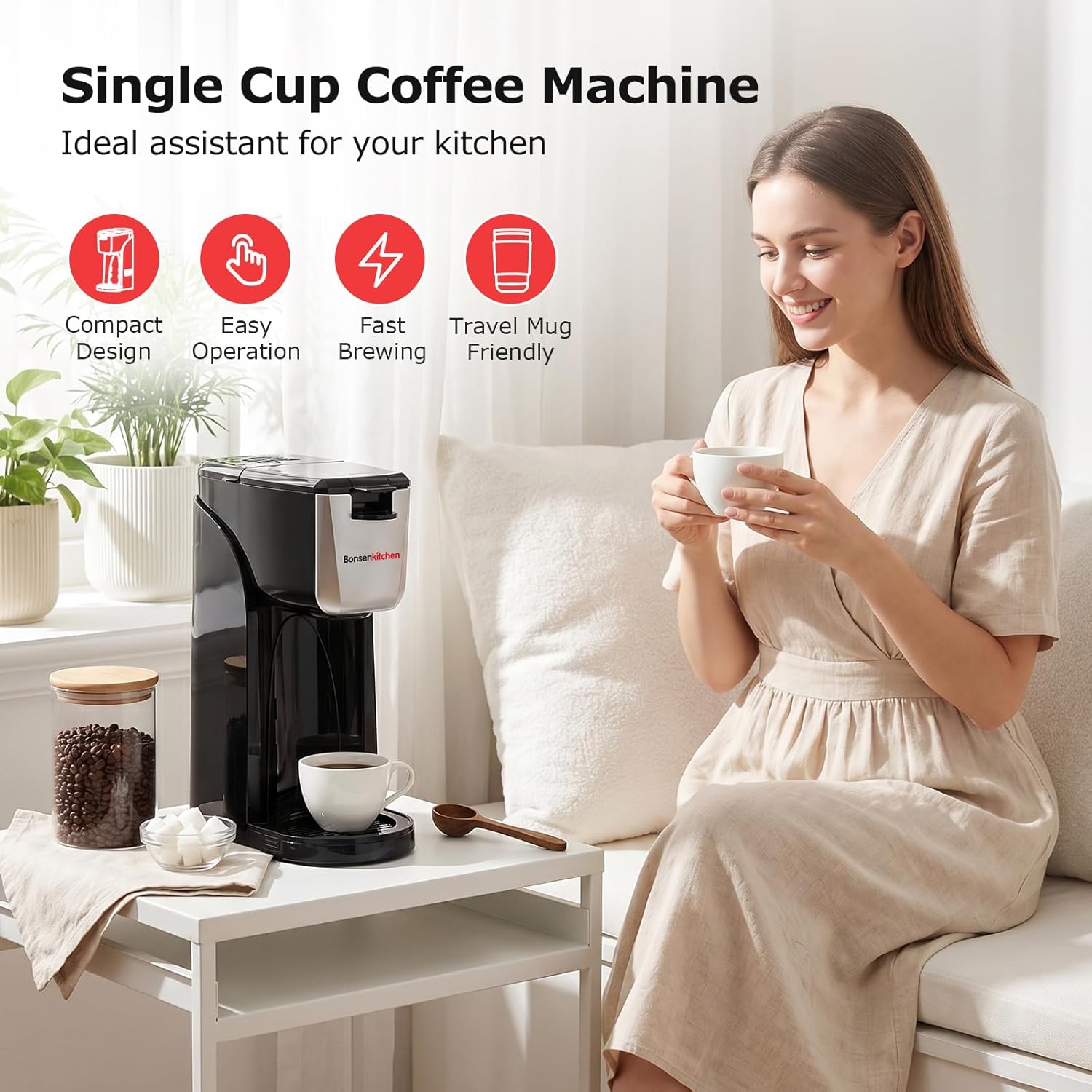 2-in-1 Single Serve Coffee Maker for K Cup & Ground Coffee, Fast Brewing (6-14 oz), One Cup Coffee Machine with Travel Mug, Space-Saving for Home, Office, Dorm - Black - Image 3