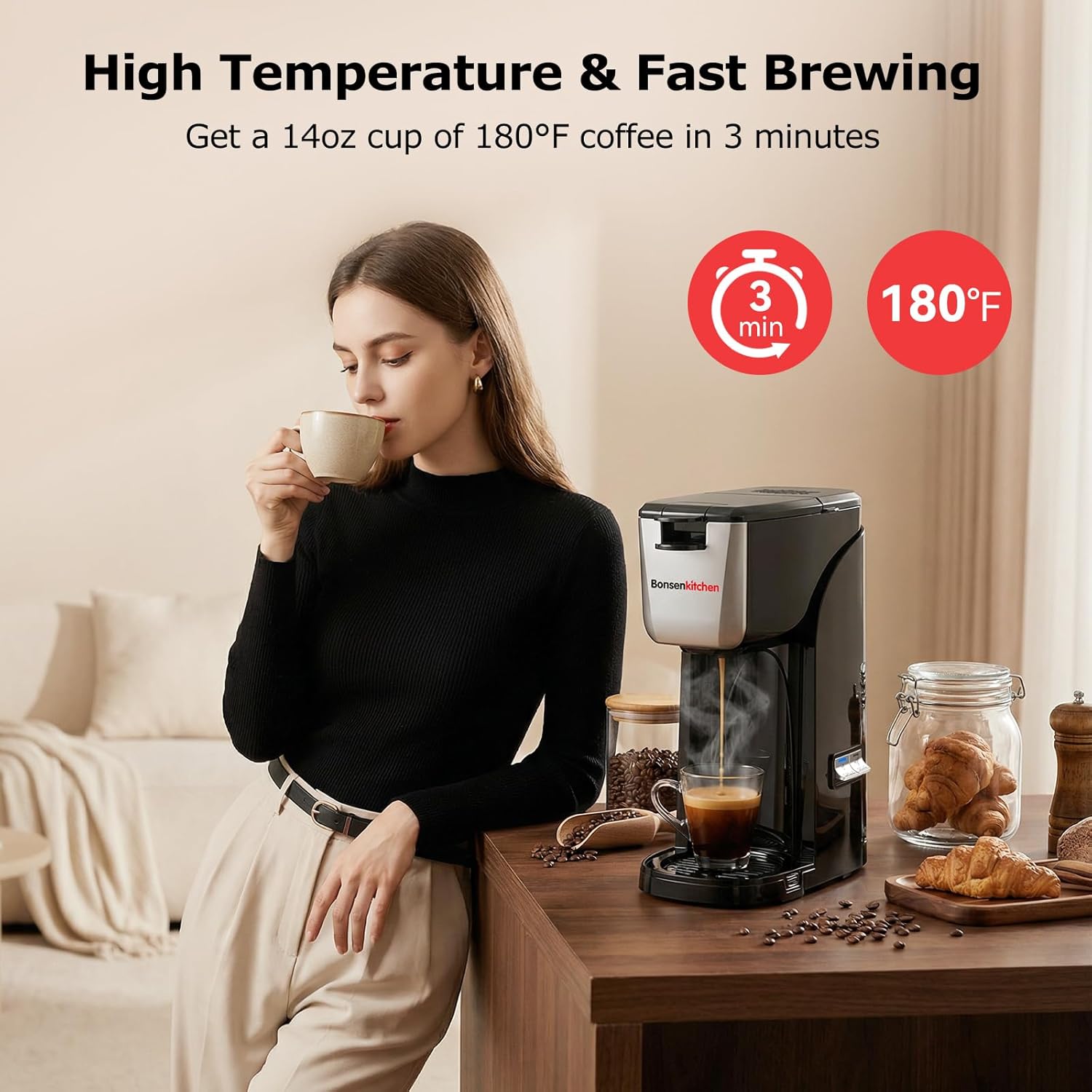 2-in-1 Single Serve Coffee Maker for K Cup & Ground Coffee, Fast Brewing (6-14 oz), One Cup Coffee Machine with Travel Mug, Space-Saving for Home, Office, Dorm - Black - Image 4