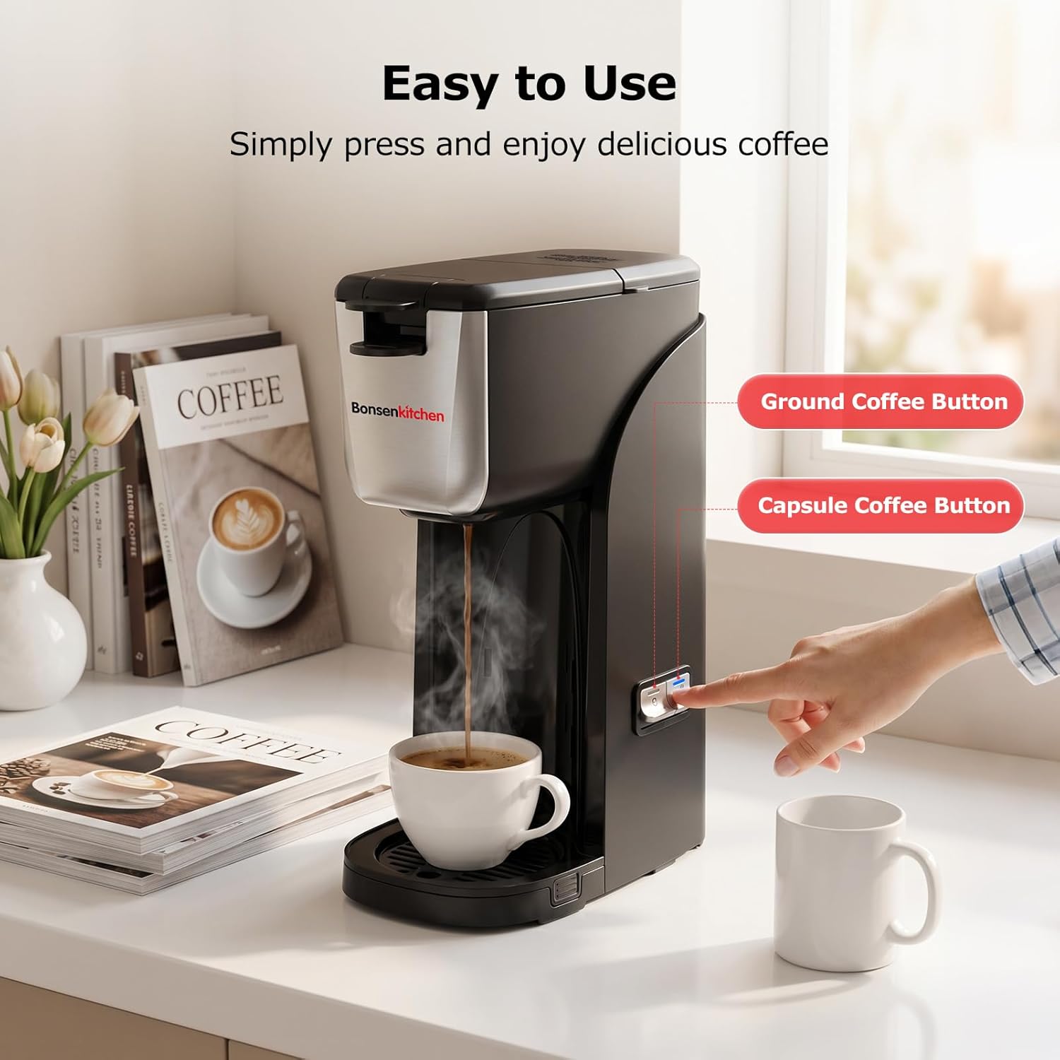 2-in-1 Single Serve Coffee Maker for K Cup & Ground Coffee, Fast Brewing (6-14 oz), One Cup Coffee Machine with Travel Mug, Space-Saving for Home, Office, Dorm - Black - Image 5