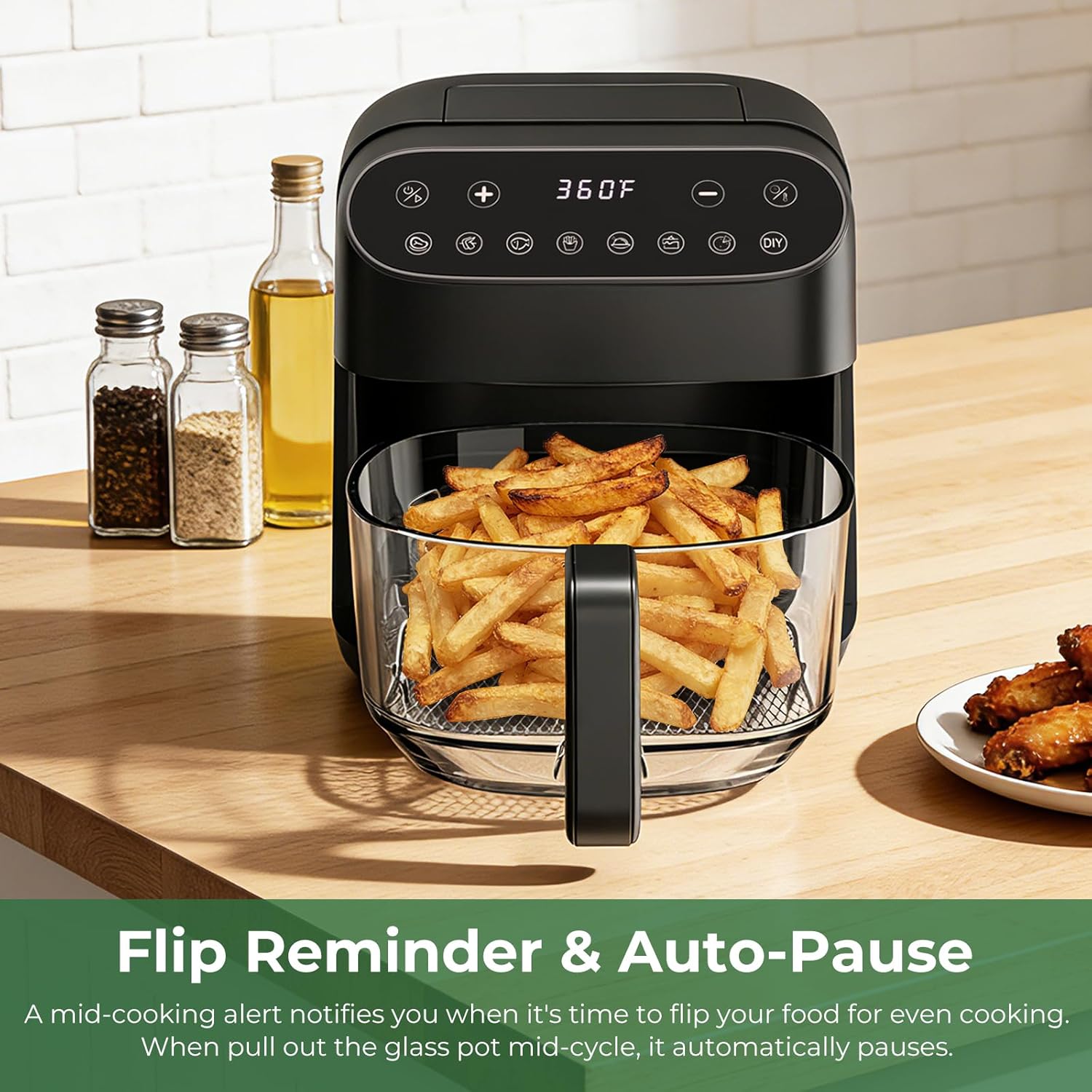 5QT Glass Air Fryer, Portable Air Fryer with Digital Touch Control, 8 Preset Modes, 60-Minute Timer, Dishwasher Safe Basket, Up to 400°F, 360° View Cooking, for Healthy Meals with 95% Less Oil - Image 6