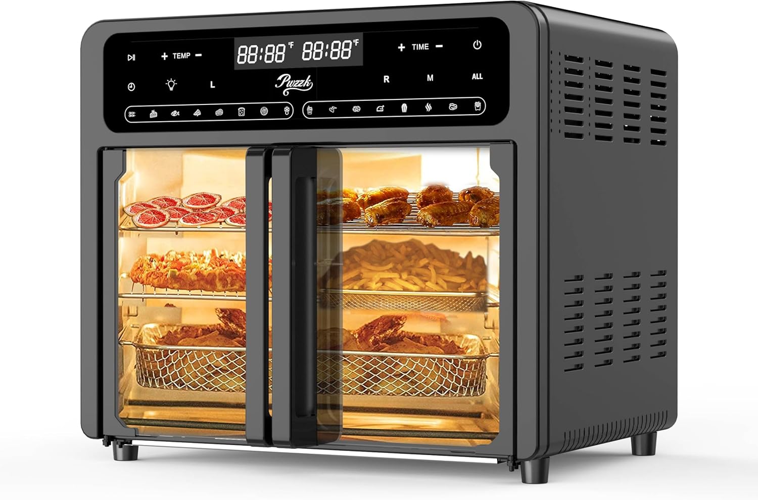 Pwzzk 25.4qt Dual Zone Air Fryer Toaster Oven Combo, French Door Glass, Xl Capacity, 100-430°f Temperature Range, 16 Preset Functions, Led Display, Dual Fan, 360° Heat Circulation, Rotisserie, Bake, Toast, Dehydrate - Best Deals USA | SimraCart