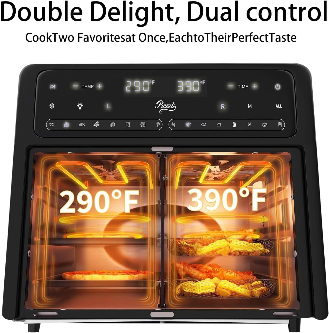 Pwzzk 25.4QT Dual Zone Air Fryer Toaster Oven Combo, French Door Glass, XL Capacity, 100-430°F Temperature Range, 16 Preset Functions, LED Display, Dual Fan, 360° Heat Circulation, Rotisserie, Bake, Toast, Dehydrate - Image 2