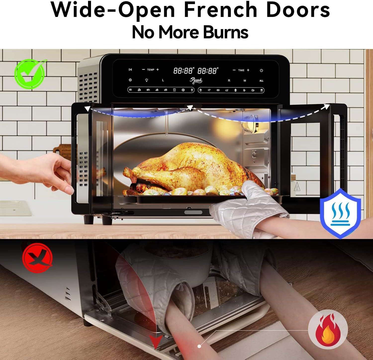 Pwzzk 25.4QT Dual Zone Air Fryer Toaster Oven Combo, French Door Glass, XL Capacity, 100-430°F Temperature Range, 16 Preset Functions, LED Display, Dual Fan, 360° Heat Circulation, Rotisserie, Bake, Toast, Dehydrate - Image 4