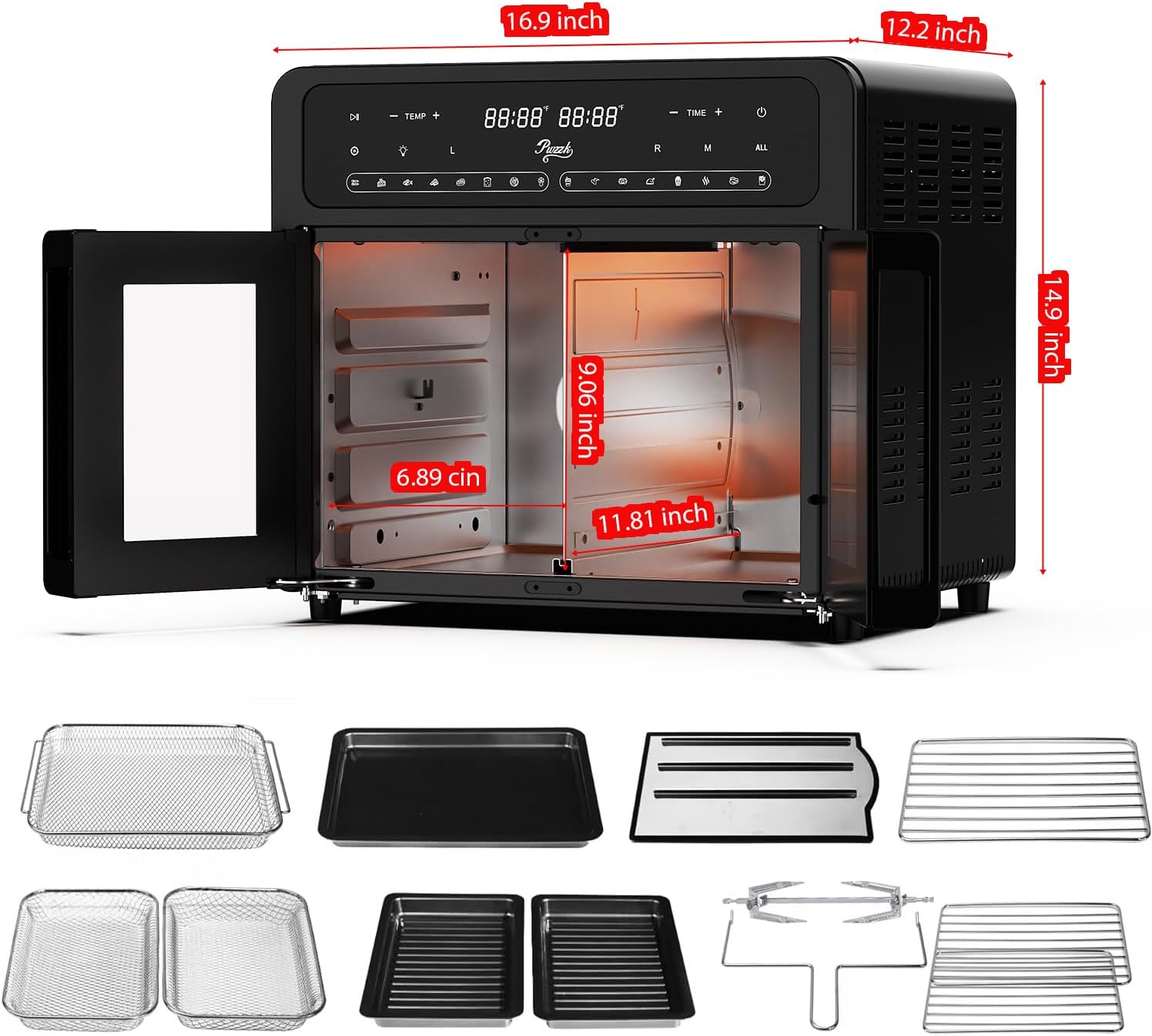 Pwzzk 25.4QT Dual Zone Air Fryer Toaster Oven Combo, French Door Glass, XL Capacity, 100-430°F Temperature Range, 16 Preset Functions, LED Display, Dual Fan, 360° Heat Circulation, Rotisserie, Bake, Toast, Dehydrate - Image 6