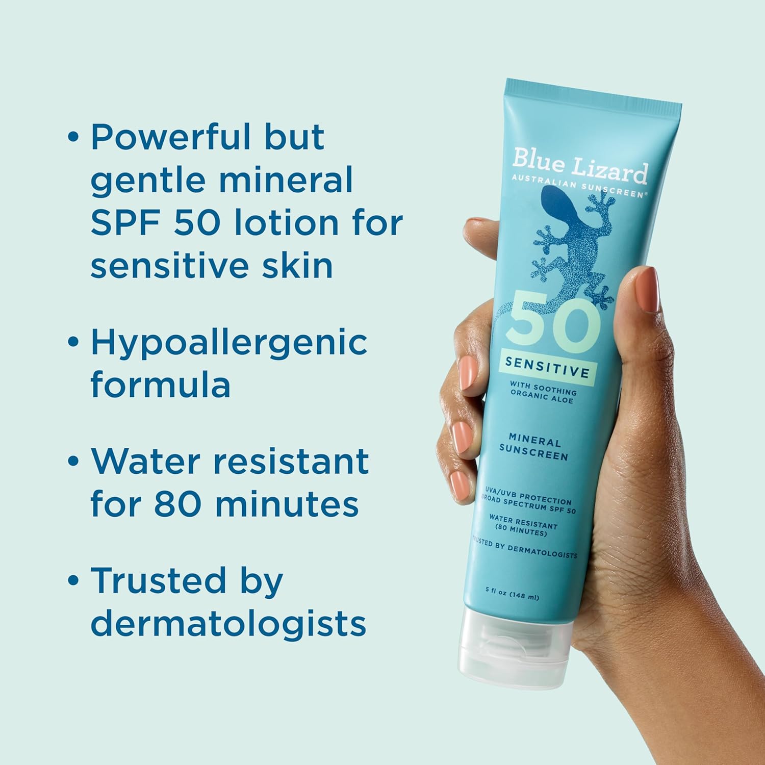 Blue Lizard Sensitive Mineral SPF 50 Sunscreen Lotion, 100% Mineral Sunscreen with Zinc Oxide, UVA/UVB Broad Spectrum Protection, Paraben & Fragrance Free, Water Resistant, Infused with Organic Aloe Vera, 5 fl oz - Image 2