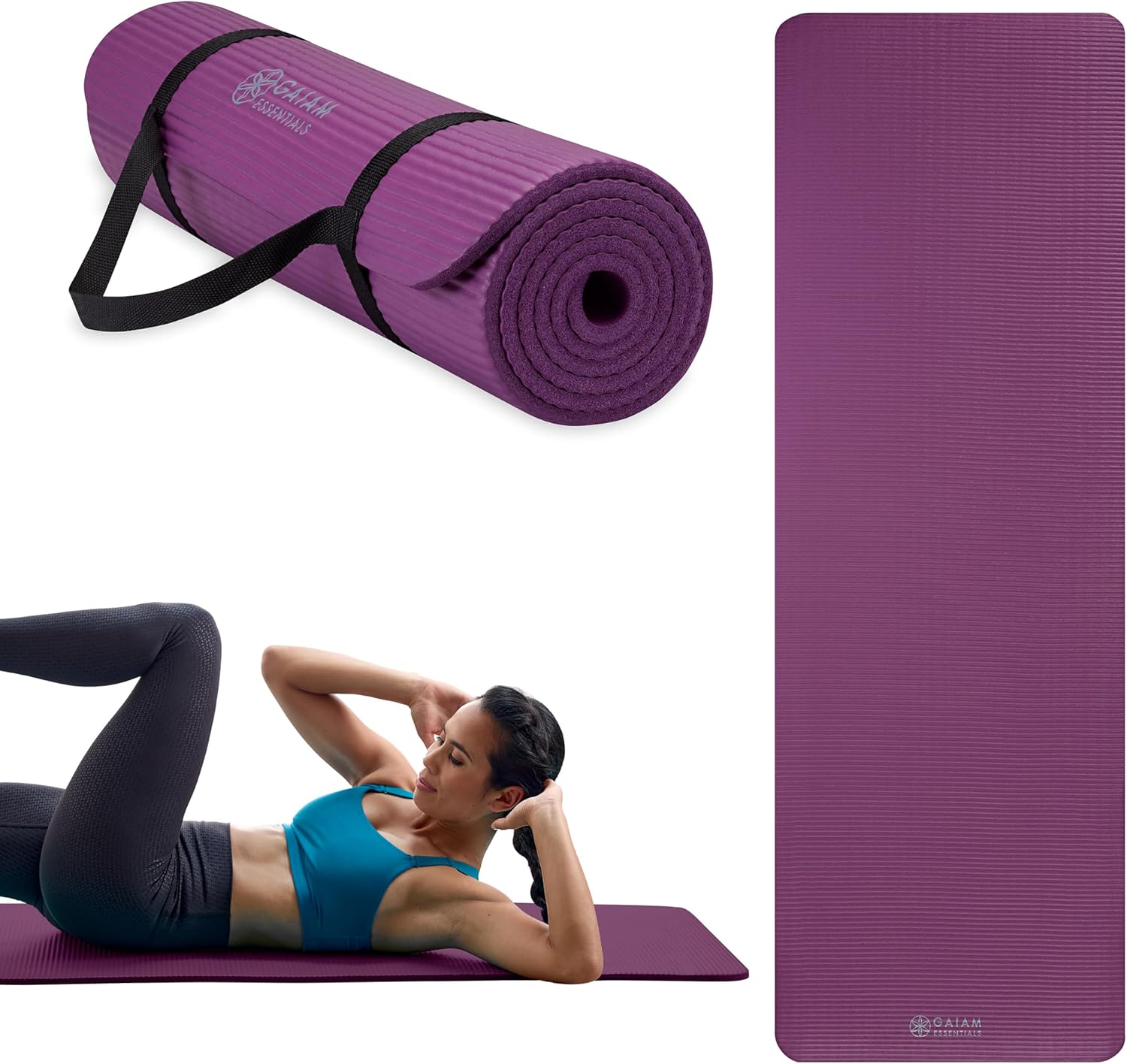 Gaiam Essentials 2/5" Thick (10mm) Yoga & Pilates Mat with Easy-Cinch Carrier Strap, Extra Thick NBR Foam for Joint Cushioning, Non-Slip Textured Surface for Home Gym & Fitness Workouts - Navy/Teal/Purple/Orange - Image 2