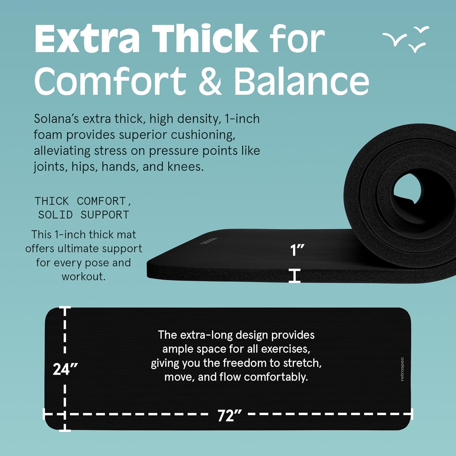 Retrospec Solana Yoga Mat 1" Thick w/Nylon Strap for Men & Women - Non Slip Exercise Mat for Home Yoga, Pilates, Stretching, Floor & Fitness Workouts, Black - Image 2