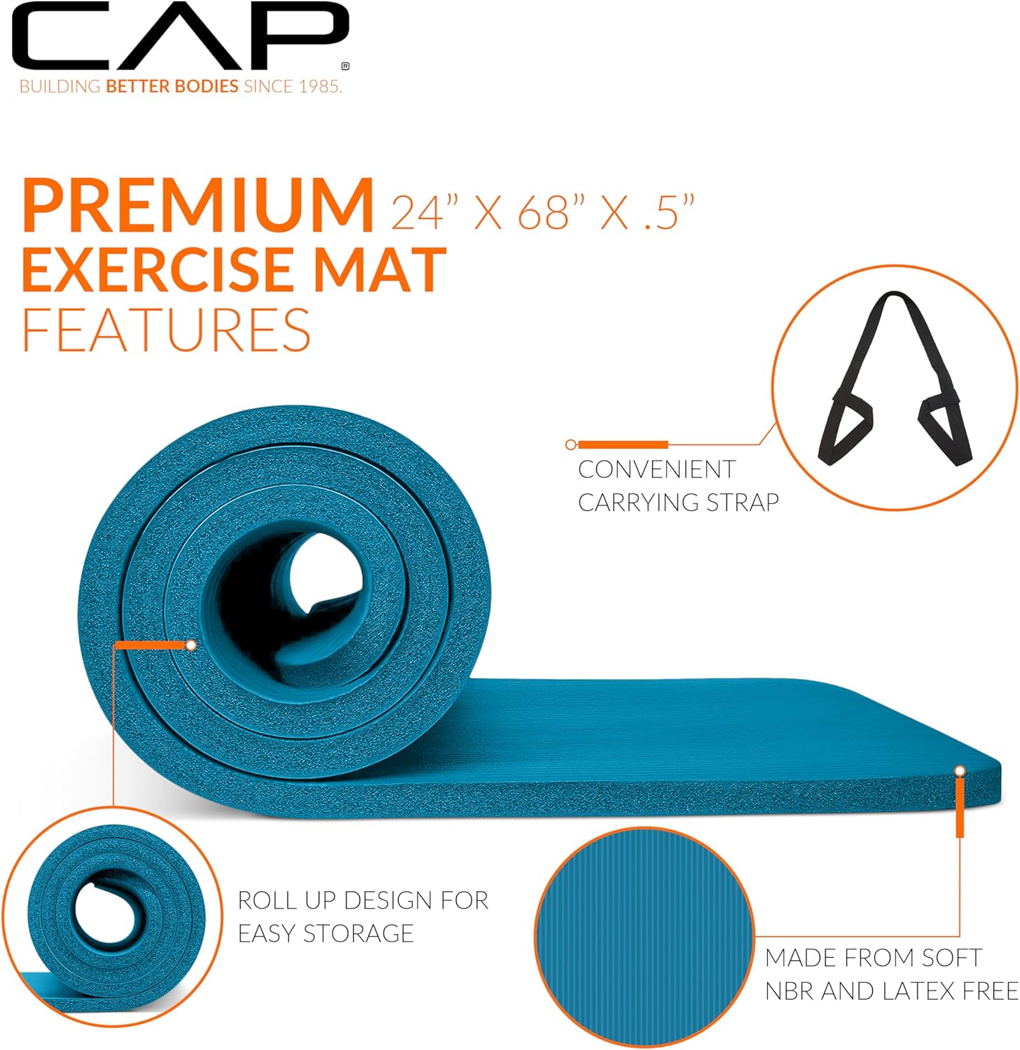 CAP Barbell 1/2-Inch High Density Exercise Yoga Mat with Strap, 12mm Thick Non Slip Pilates Mat for Home Gym, Extra Thick Cushioning for Joint Pain Relief - 68"x24", Black - Image 3
