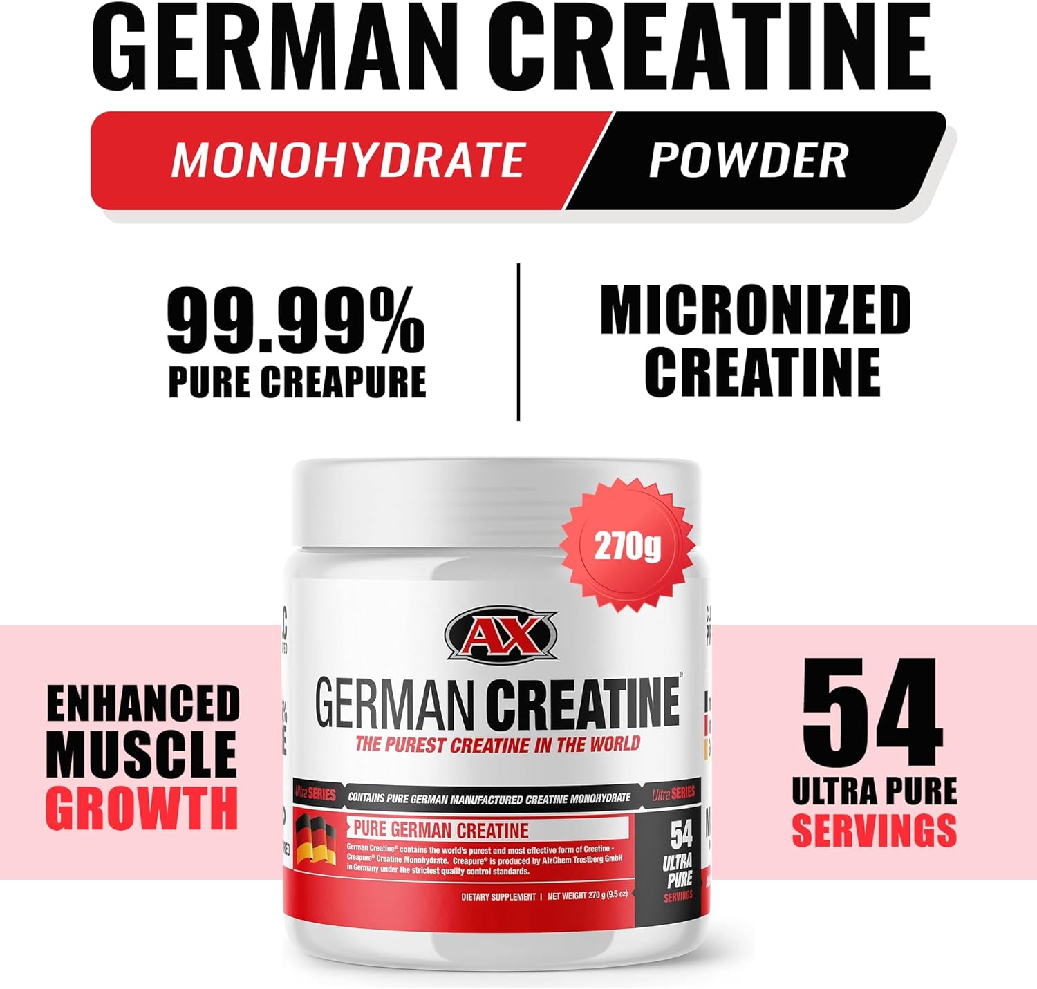 Micronized Creatine Monohydrate Powder – 99.99% Pure Creapure, 270g (54 Servings), Muscle Growth, Strength, Performance & Recovery, 3rd Party Tested, Unflavored - Image 2