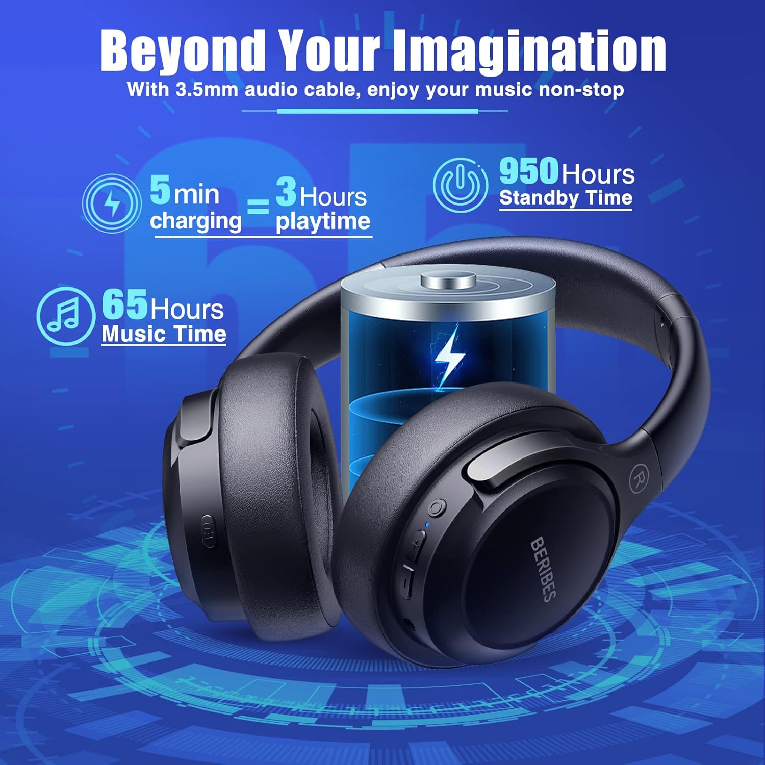 Bluetooth Over‑Ear Headphones – 65H Playtime, 6 EQ Music Modes, HiFi Stereo, Deep Bass, Foldable Lightweight Wireless Headset with Microphone for Home, Office, Cellphone &amp; PC - Image 3