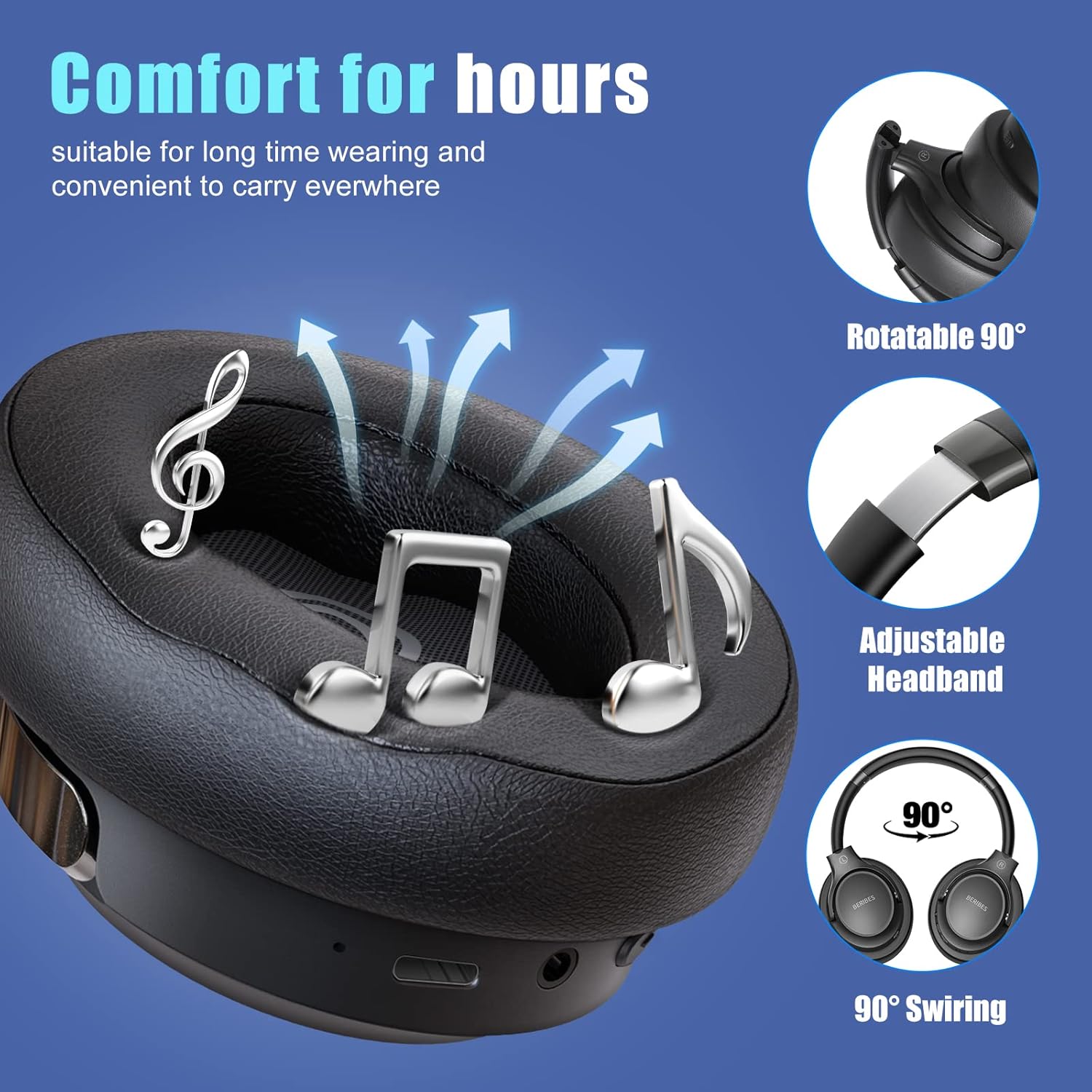 Bluetooth Over‑Ear Headphones – 65H Playtime, 6 EQ Music Modes, HiFi Stereo, Deep Bass, Foldable Lightweight Wireless Headset with Microphone for Home, Office, Cellphone &amp; PC - Image 4