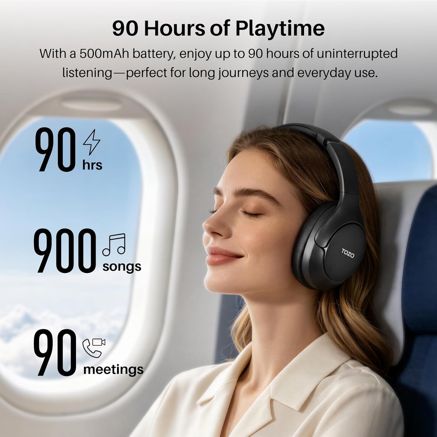 Hybrid Noise Cancelling Headphones – Wireless Bluetooth 6.0 Over‑Ear, 90H Battery Life, AI Voice Assistant with 5 Mics, Dual Device Connection, Hi‑Res Sound, 32 EQ Audio Presets, Foldable Headset - Image 4