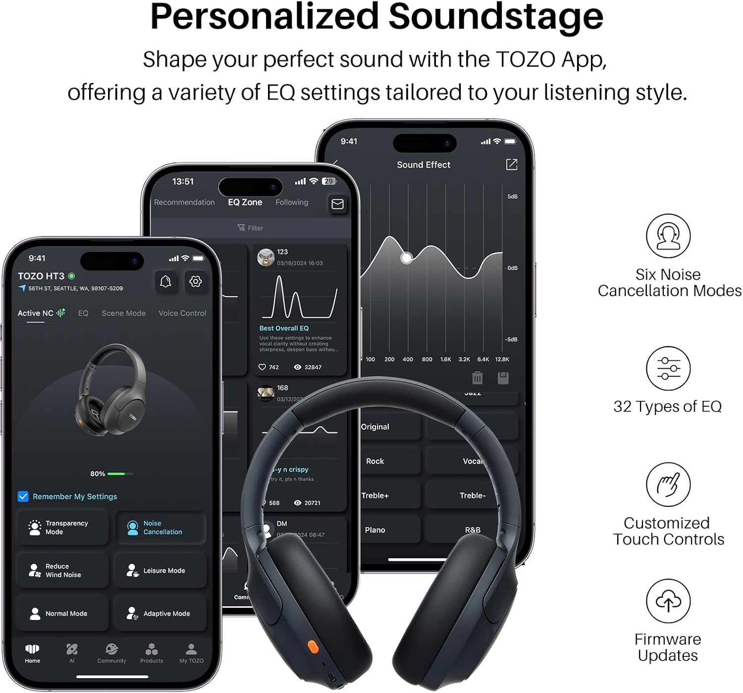 Hybrid Noise Cancelling Headphones – Wireless Bluetooth 6.0 Over‑Ear, 90H Battery Life, AI Voice Assistant with 5 Mics, Dual Device Connection, Hi‑Res Sound, 32 EQ Audio Presets, Foldable Headset - Image 6