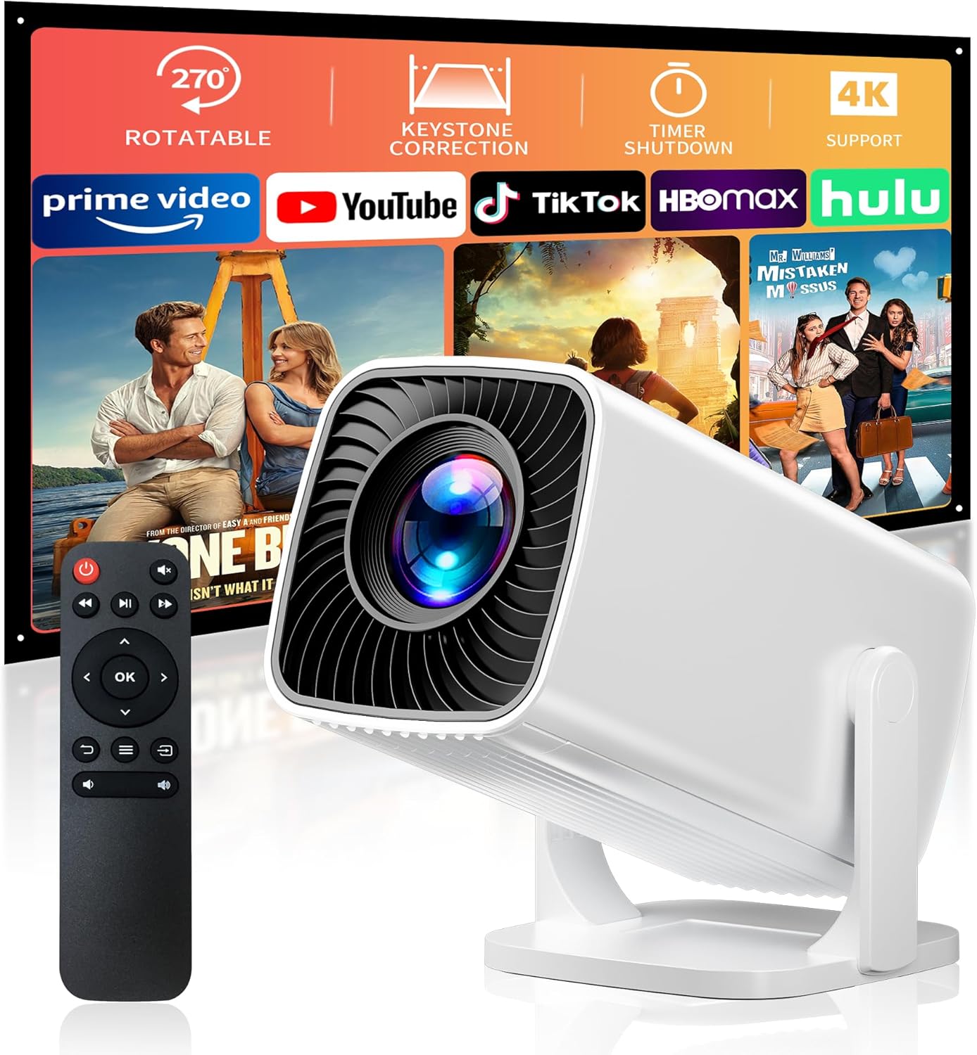 Mini Projector With 4k Support – Portable Short Throw Projector With Electric Focus & Keystone, 270° Rotatable Stand – Home & Outdoor Movie Projector Compatible With Tv Stick, Phone & Laptop - Best Deals | SimraCart