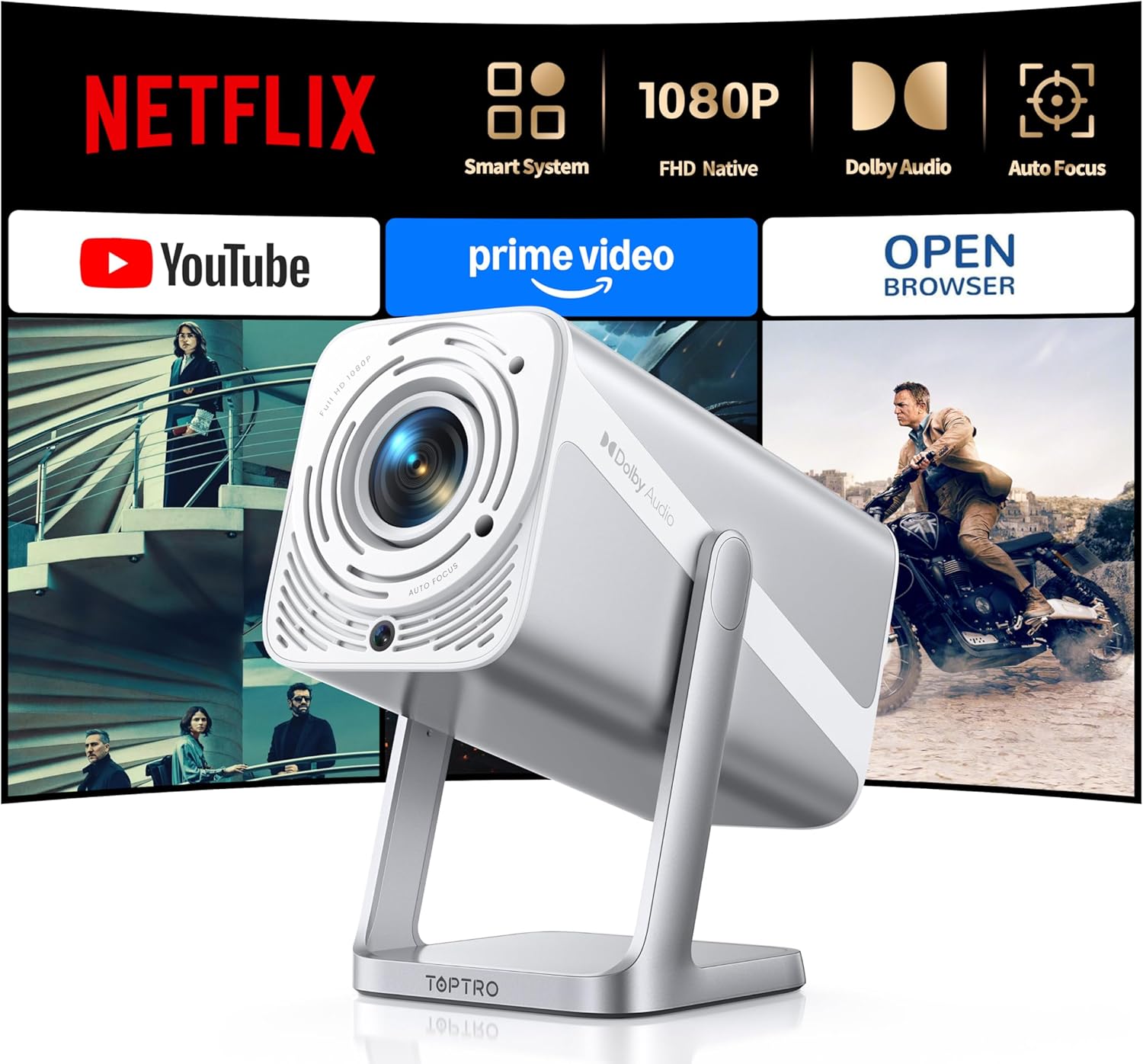 Smart Projector With Built‑in Apps & 4k Support – 2026 Upgraded Native 1080p Outdoor Movie Projector With Wifi, Bluetooth, Auto Focus, Dolby Audio – Toptro Mini Portable Proyector Compatible With Youtube & Prime Video - Best Deals | SimraCart