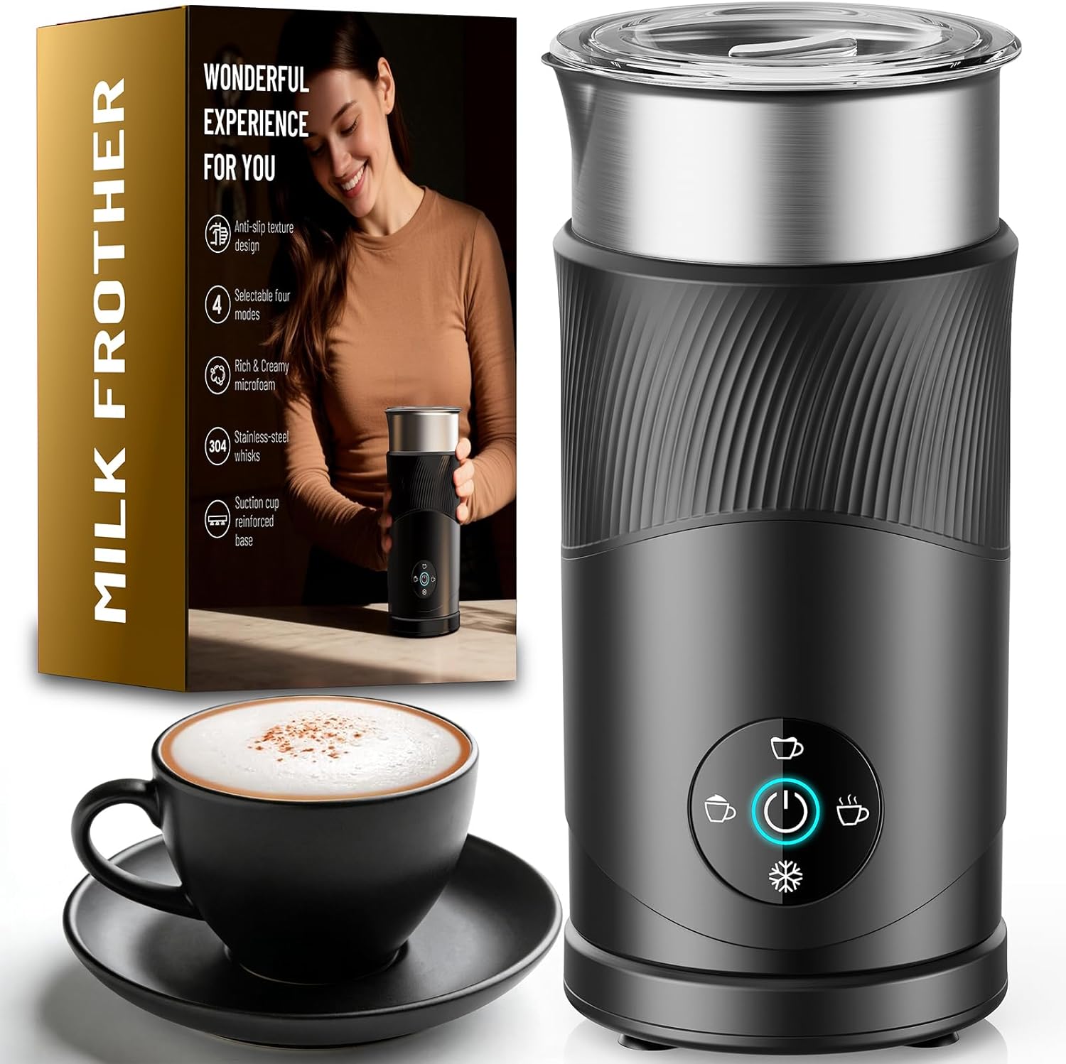 Large Capacity Milk Frother – 4‑in‑1 Electric Milk Steamer 350ml, 7700RPM High Speed, 120s Fast Frothing, Hot & Cold Foam Maker, Stainless Steel Latte Frother (Grayish Black) - Buy Online at SimraCart