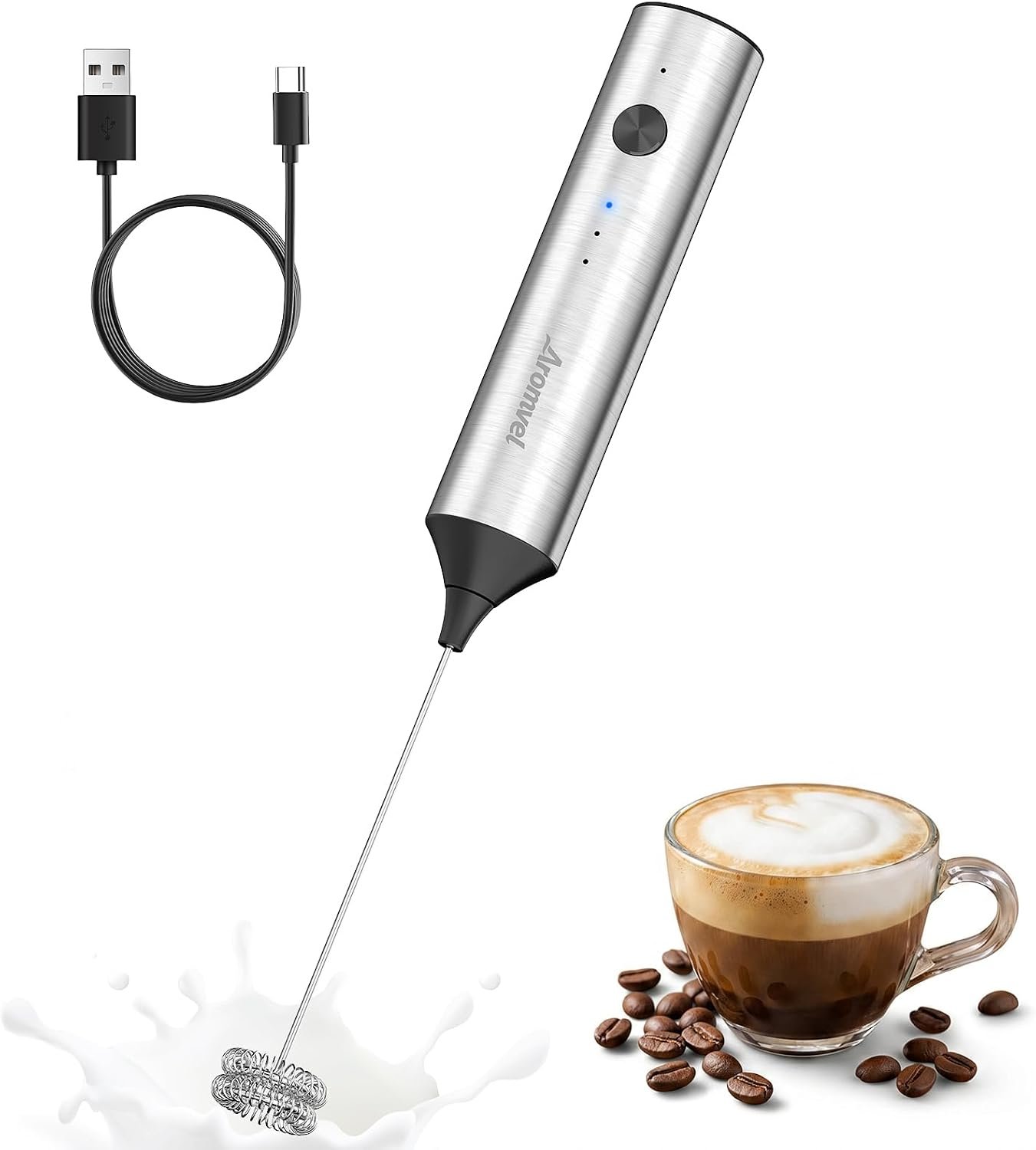 Rechargeable Milk Frother Handheld – Electric Foam Maker with Dual Spring Whisk, 3 Speeds for Coffee, Latte, Matcha, Hot Chocolate, Portable USB‑C Charging Stainless Steel Drink Mixer - Buy Online at SimraCart