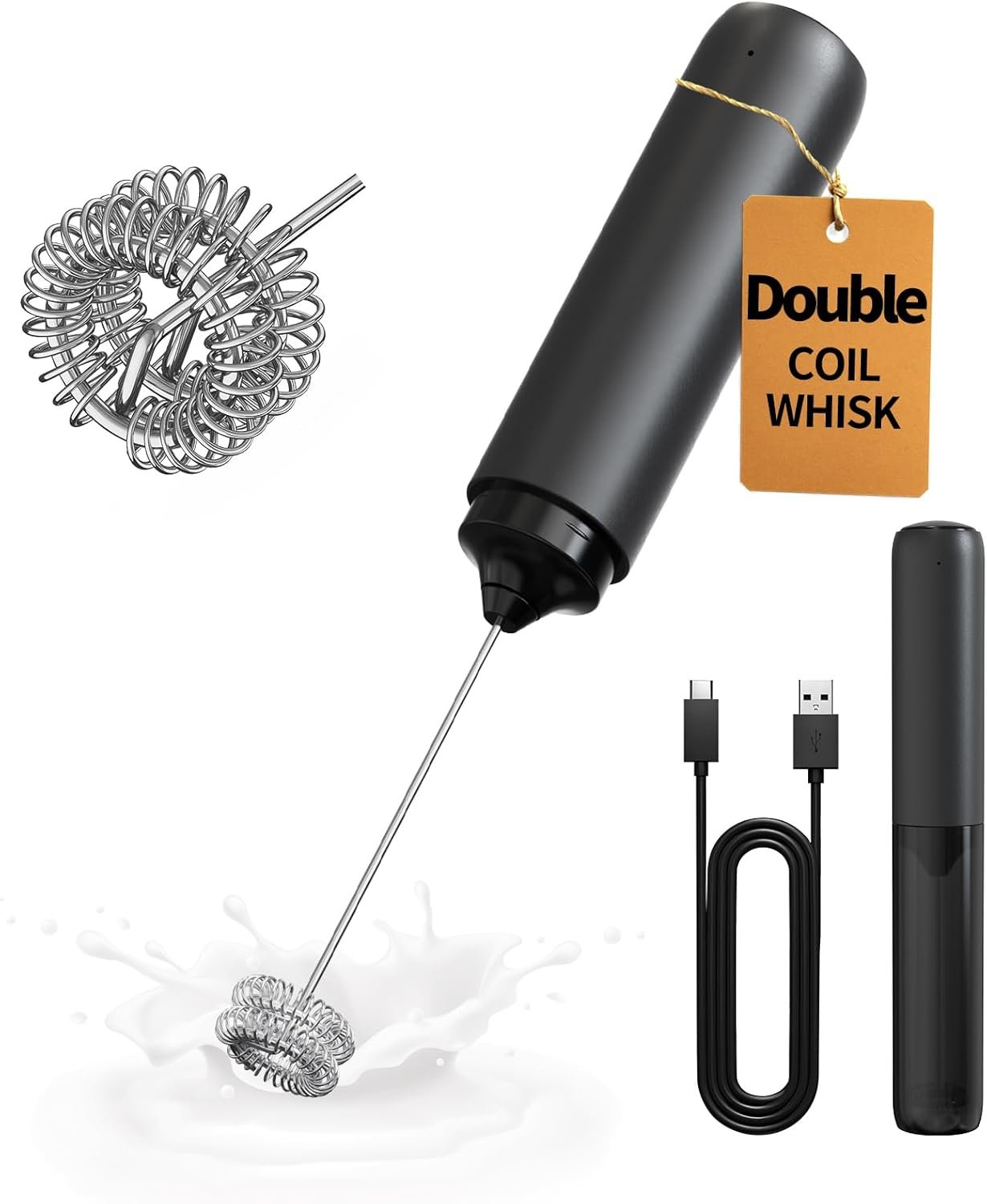 Rechargeable Milk Frother Handheld – Dual Coil Whisk Head Electric Coffee Frother, Portable Hand Frother Wand Drink Mixer for Matcha, Lattes, Cappuccinos & Kitchen Gifts (Black) - Buy Online at SimraCart