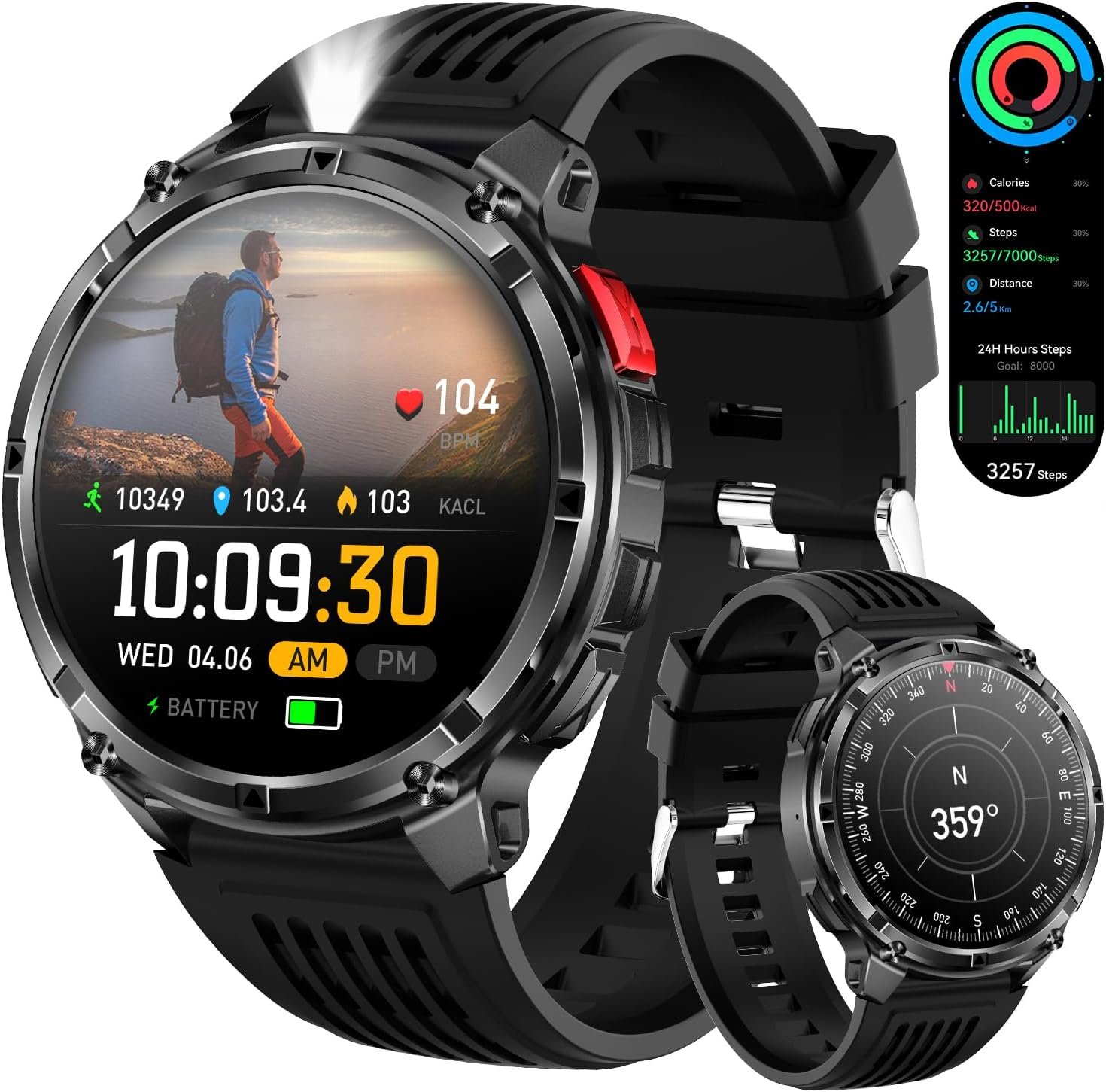 Mens Smart Watch for Android & iPhone – Military Sport Smartwatch with Fitness Tracker, Flashlight, Compass, Waterproof Design, 100 Days Battery Life, Heart Rate & Sleep Monitor, 100+ Sports Modes (Black) - Buy Online at SimraCart