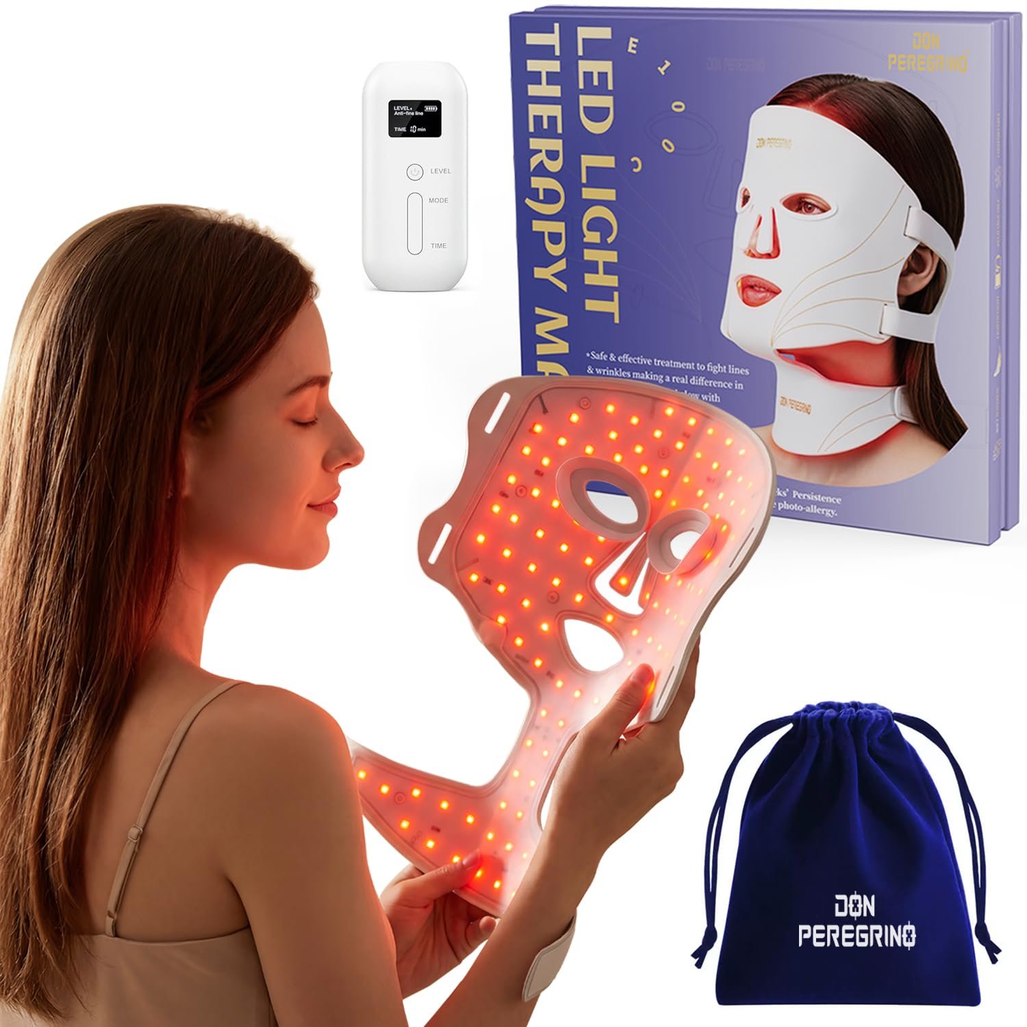 DON PEREGRINO Red Light Therapy Mask for Face & Neck – FDA Cleared Red, Blue & Infrared Light Therapy with Timer & Intensity Control for Acne & Anti-Aging - Buy Online at SimraCart