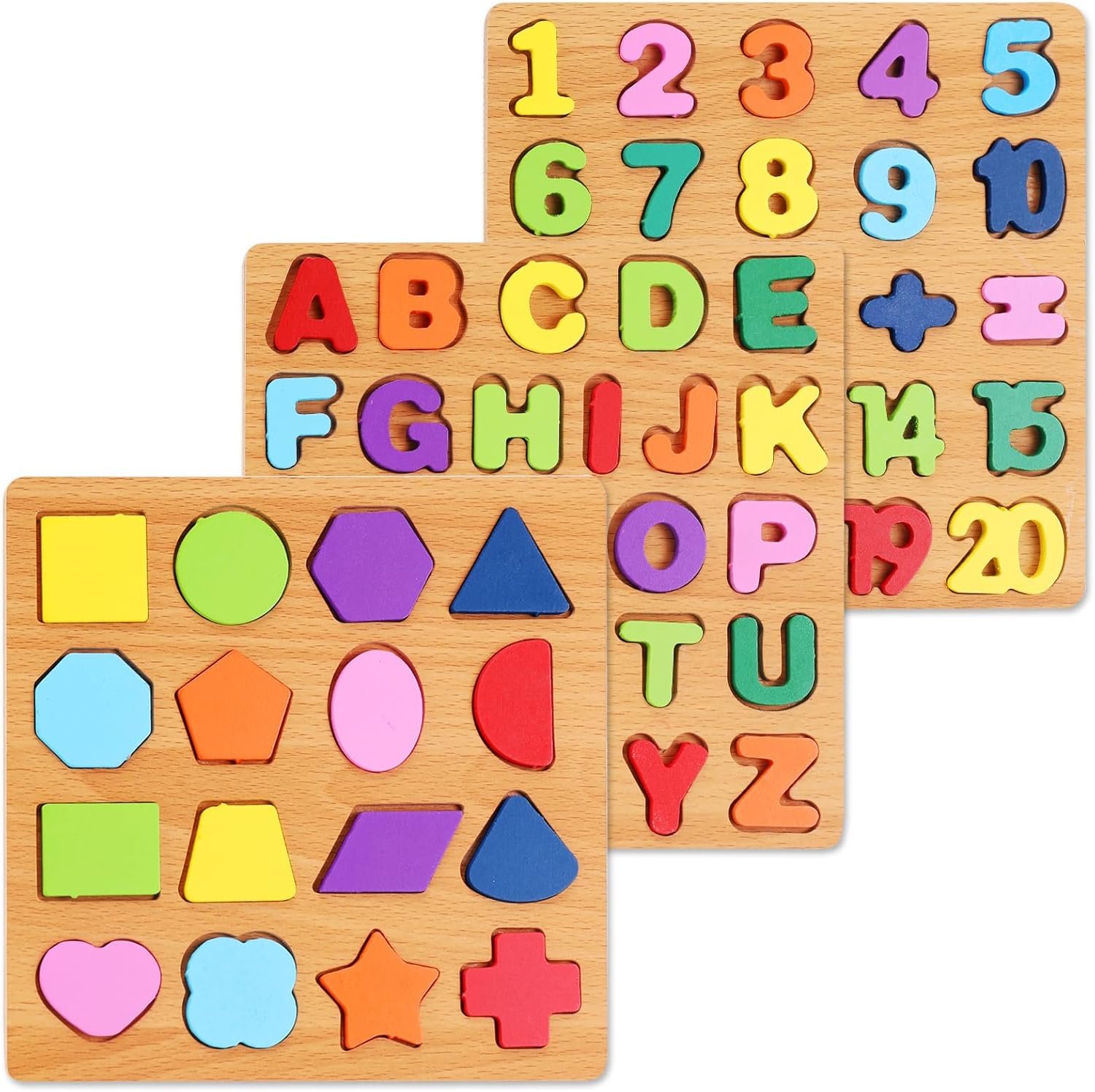 Alphabet Wooden Puzzles Pack of 3 – ABC, Number & Shape Puzzle Board with Letter Blocks, Preschool Learning Toy for Kids Ages 3-5 - Buy Online at SimraCart