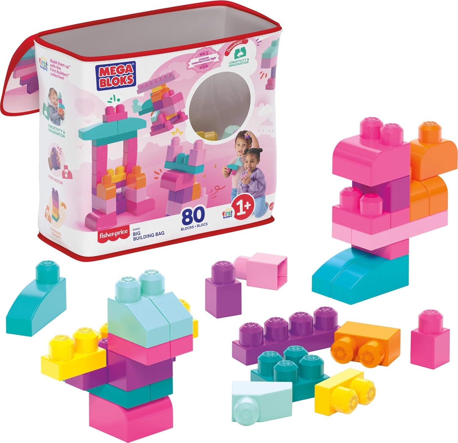 First Builders Toddler Blocks Toy Set – Big Building Bag With 80 Pieces & Storage, Pink, Ages 1+ - Best Deals | SimraCart
