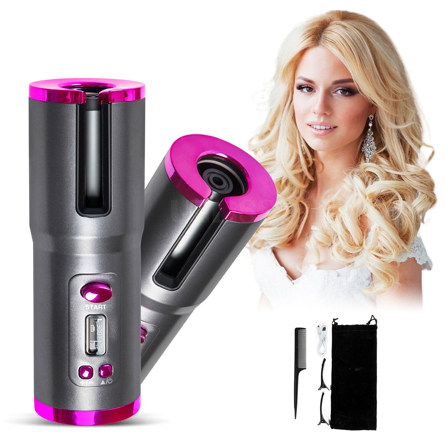 Automatic Cordless Hair Curler USB Rechargeable Ceramic Curling Iron with LCD Display PTC Heater Rotating Waves Styler - Buy Online at SimraCart